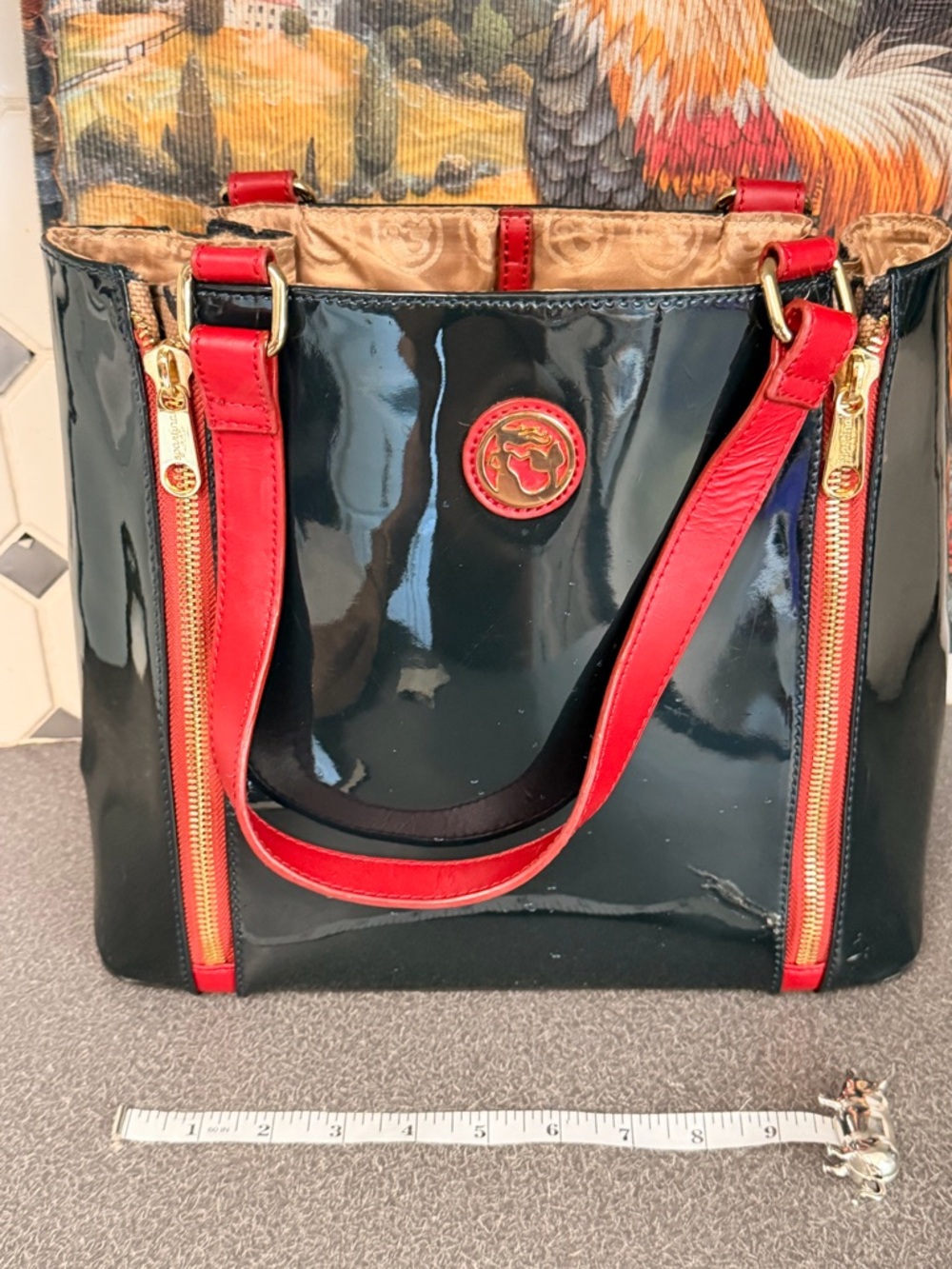 Spartina  Patent Leather Tote Bag with Red Trim
